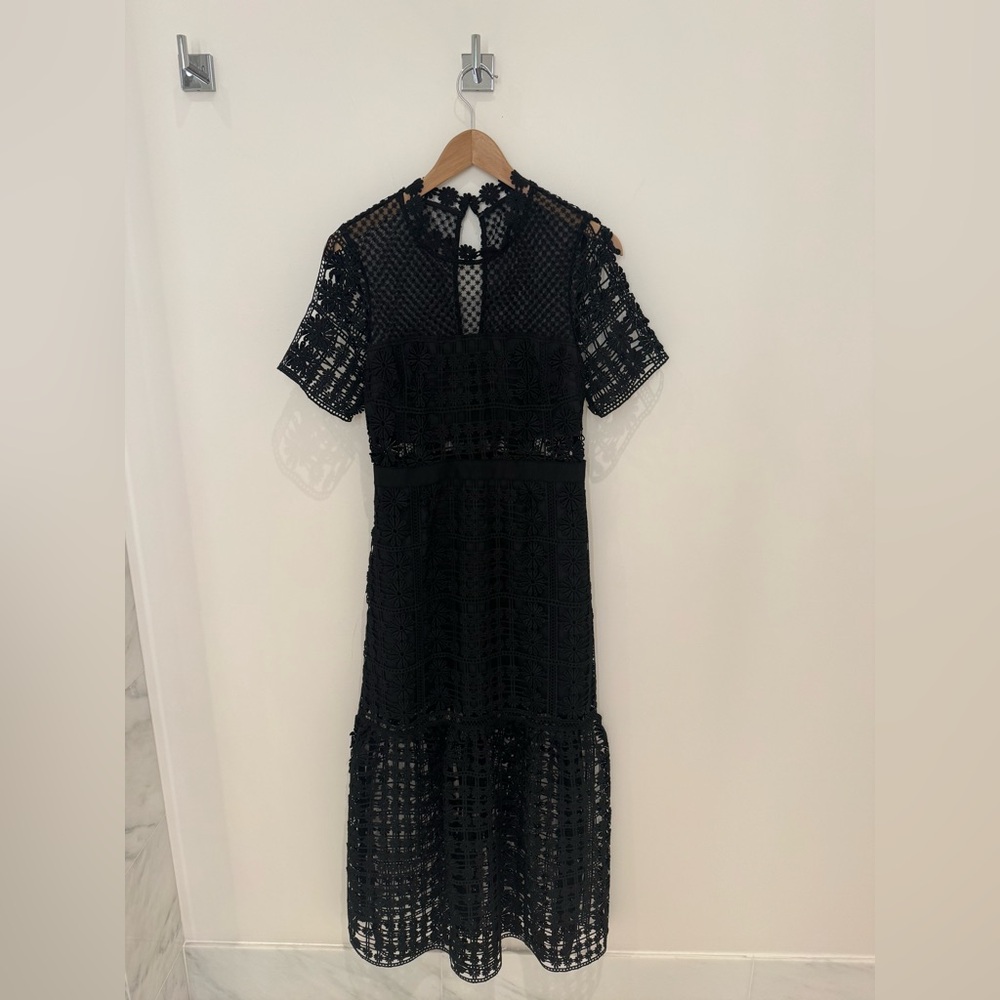 Self Portrait Black Lace Midi Dress, Size 6